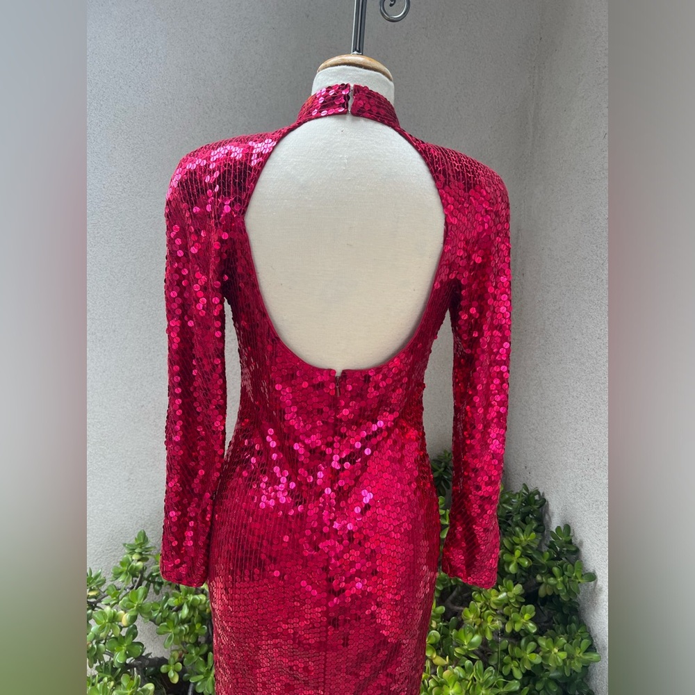 Vintage Disco Dress Ruby Red Sequins Keyhole Back… - image 6